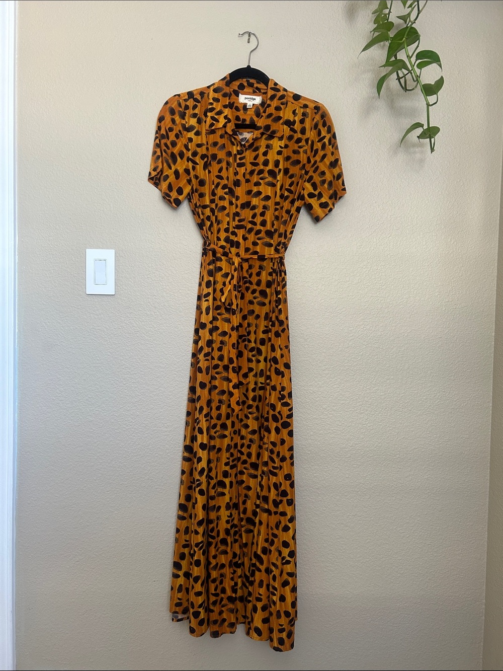 Anthropologie Printed Mustard Maxi Shirt Dress with Tie Waist